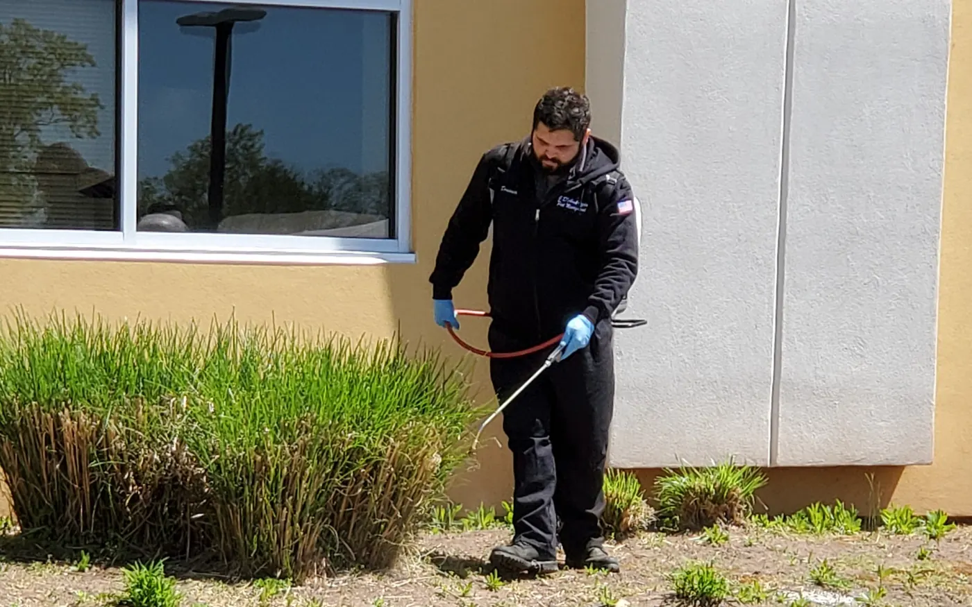 A Marrone technician treating the shrub line along a commercial building in hard sunlight